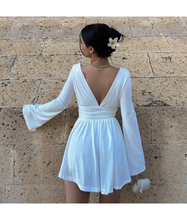 Summer Women Fashion Sexy V-Neck Backless Long Sleeve Mini Dress