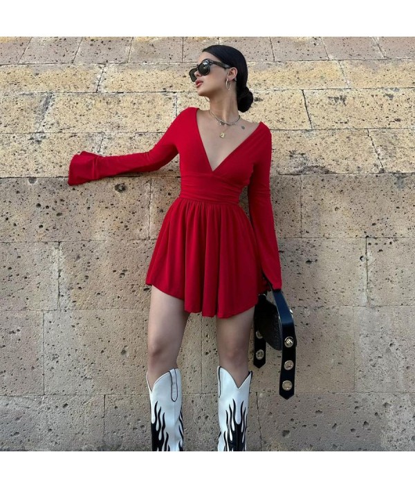 Summer Women Fashion Sexy V-Neck Backless Long Sleeve Mini Dress