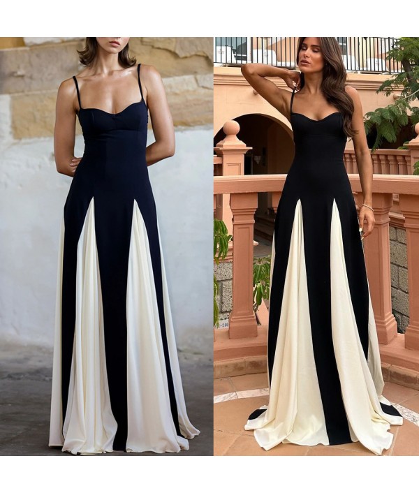 Women Fashion Elegant Color Contrast Maxi Dress